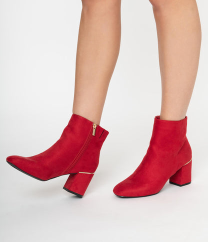 Retro Style Red Suede Heel Booties - Unique Vintage - Womens, SHOES, HEELS