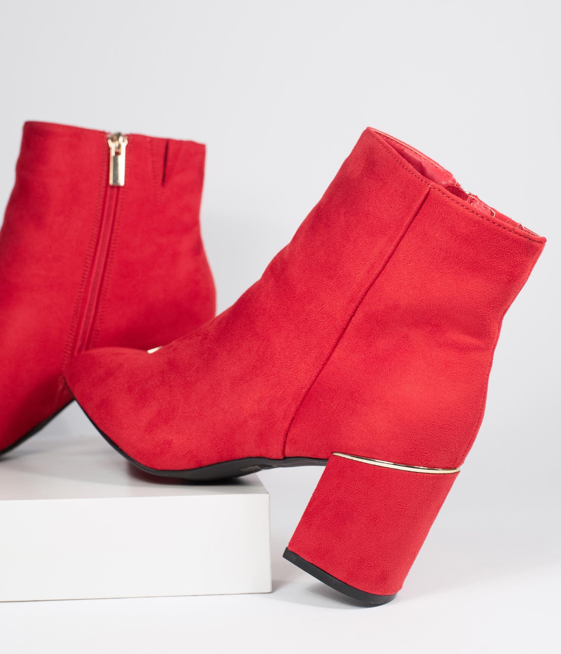 Retro Style Red Suede Heel Booties - Unique Vintage - Womens, SHOES, HEELS