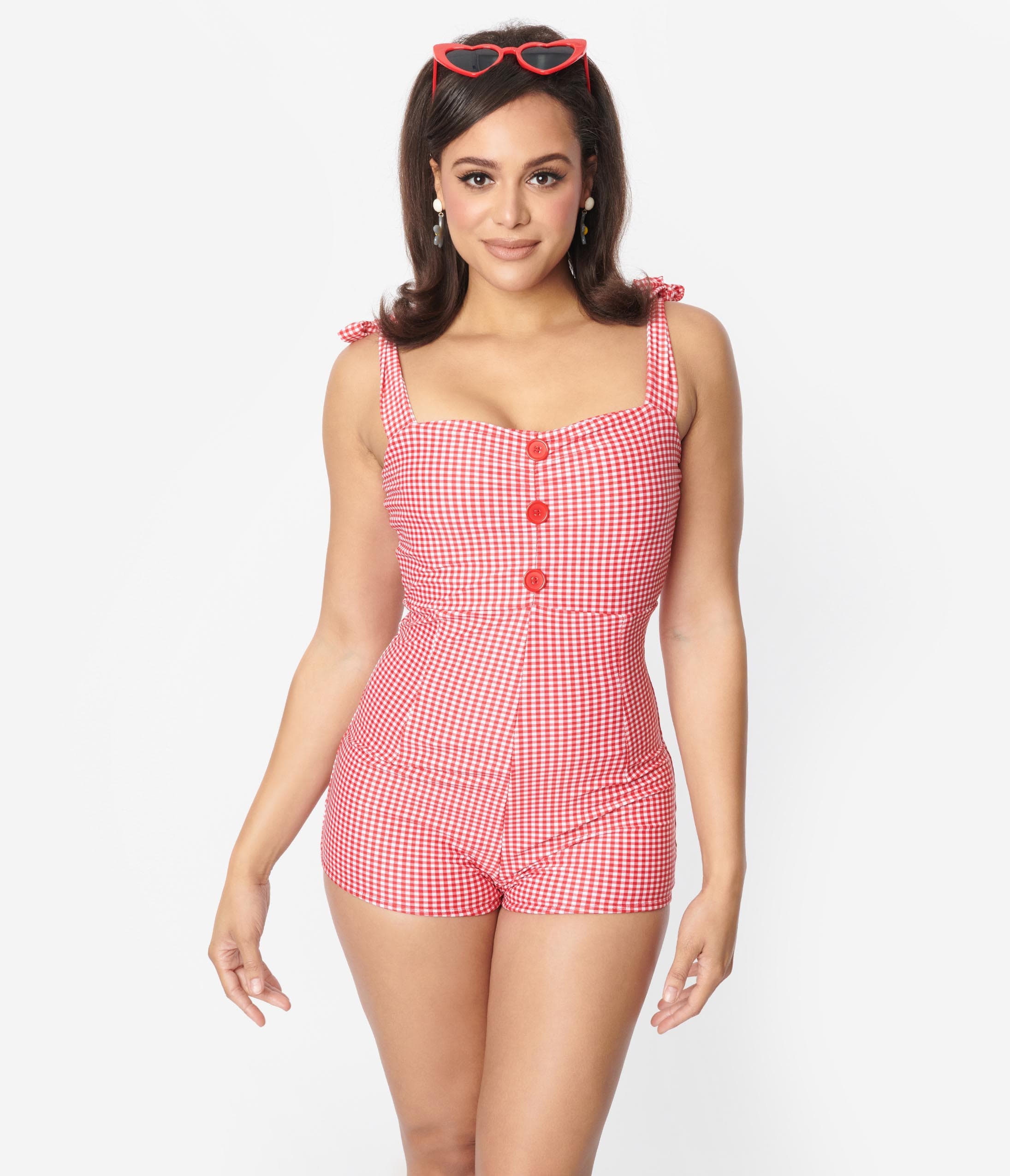 Retro Style Red & White Gingham One Piece Swimsuit – Unique Vintage