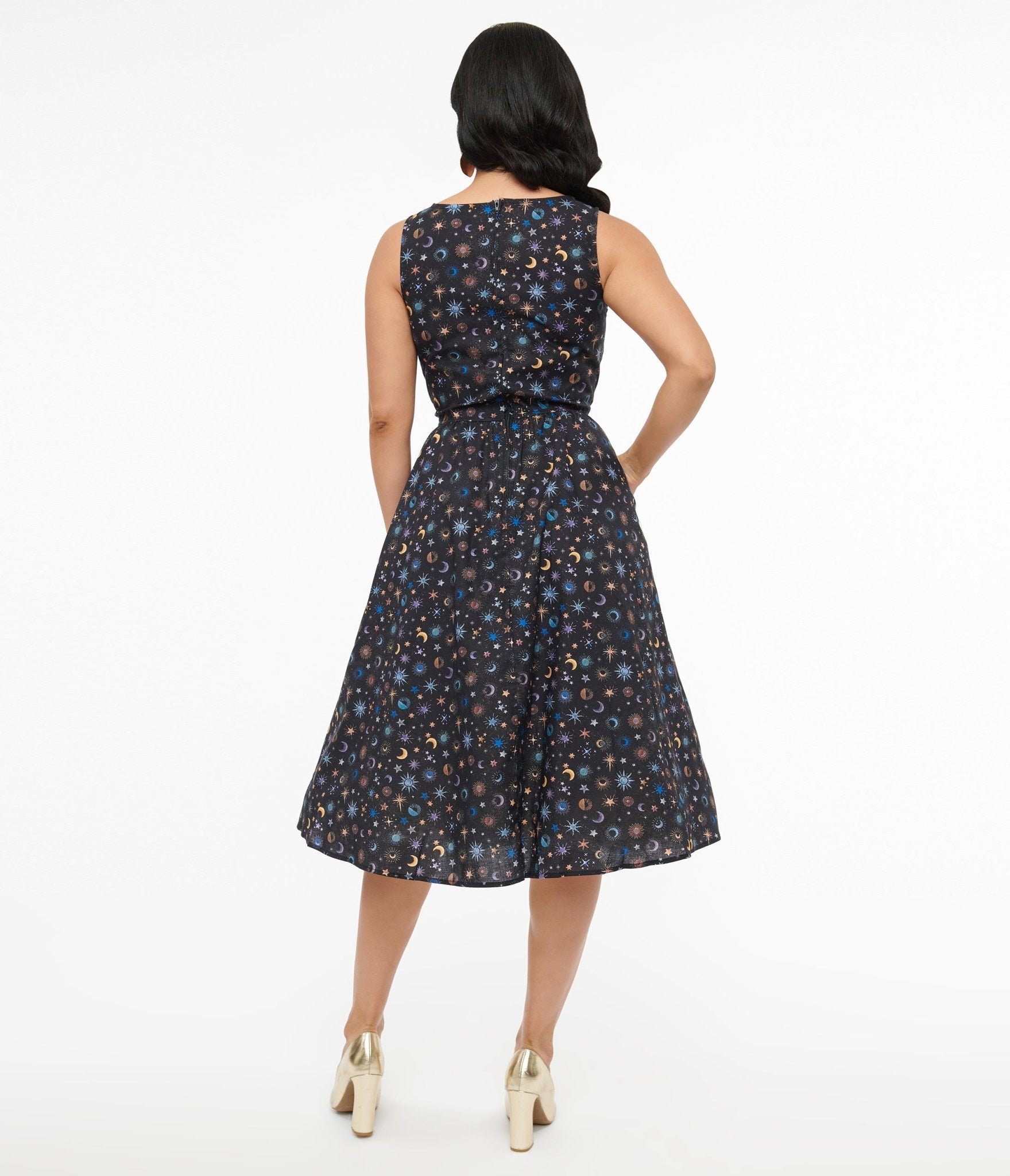 Retrolicious 1950s Black Celestial Stars & Moon Print Midi Dress - Unique Vintage - Womens, HALLOWEEN, DRESSES