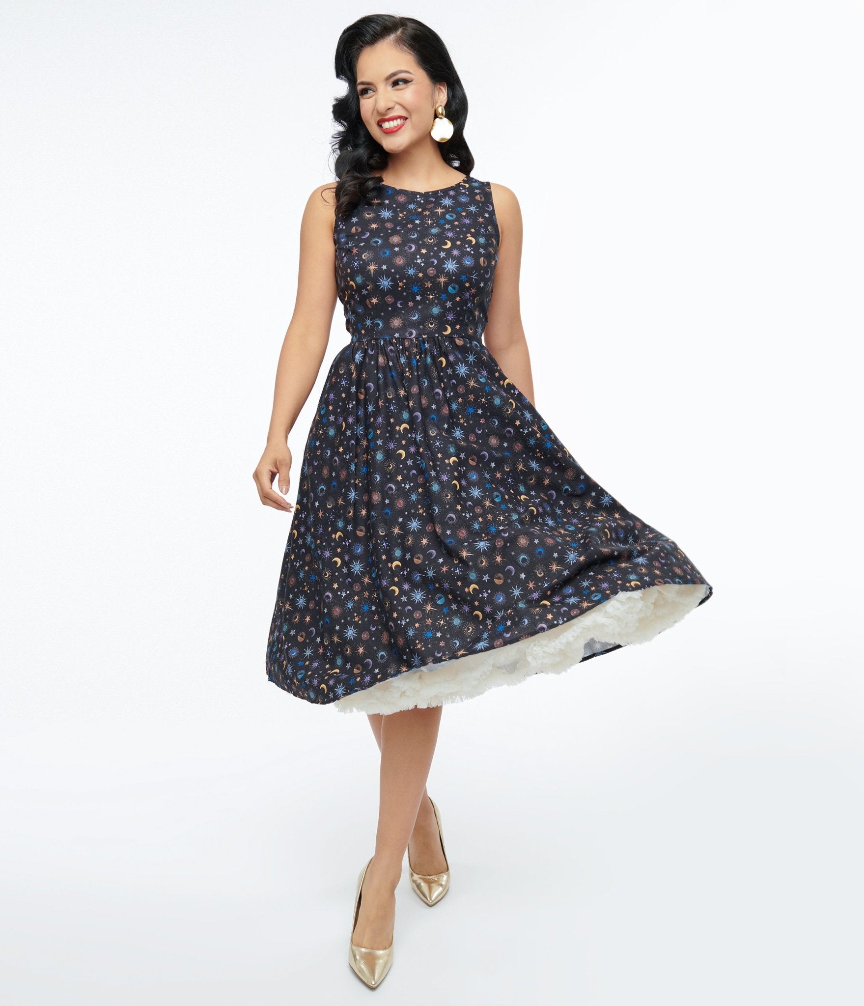 Retrolicious 1950s Black Celestial Stars & Moon Print Midi Dress - Unique Vintage - Womens, HALLOWEEN, DRESSES