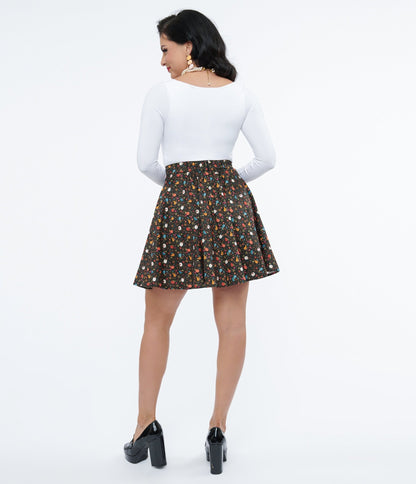 Retrolicious 1950s Black Pumpkin Print Skater Skirt - Unique Vintage - Womens, HALLOWEEN, BOTTOMS
