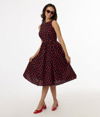 Retrolicious 1950s Black & Red Heart Cotton Midi Dress - Unique Vintage - Womens, DRESSES, SWING