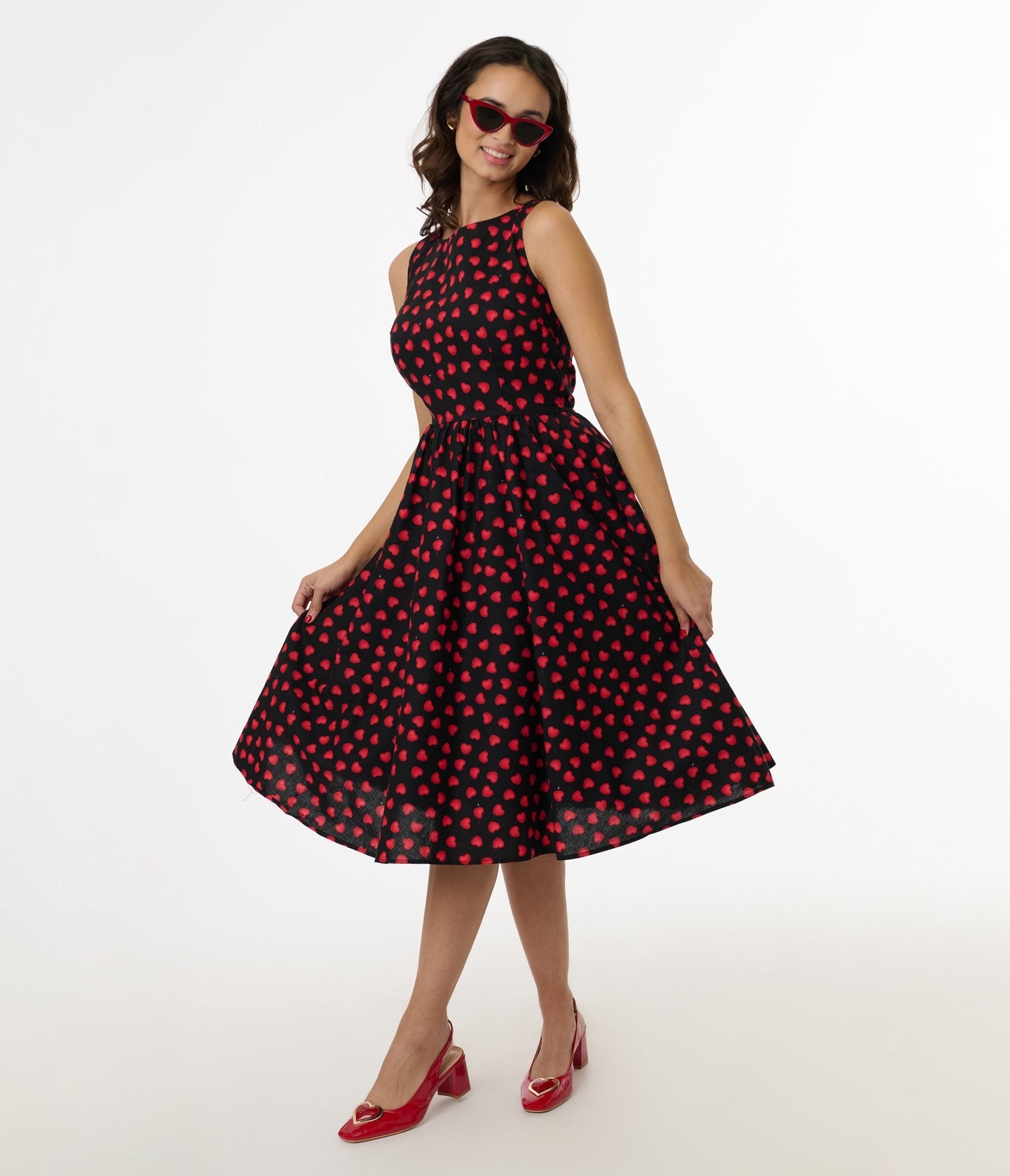 Retrolicious 1950s Black & Red Heart Cotton Midi Dress - Unique Vintage - Womens, DRESSES, SWING