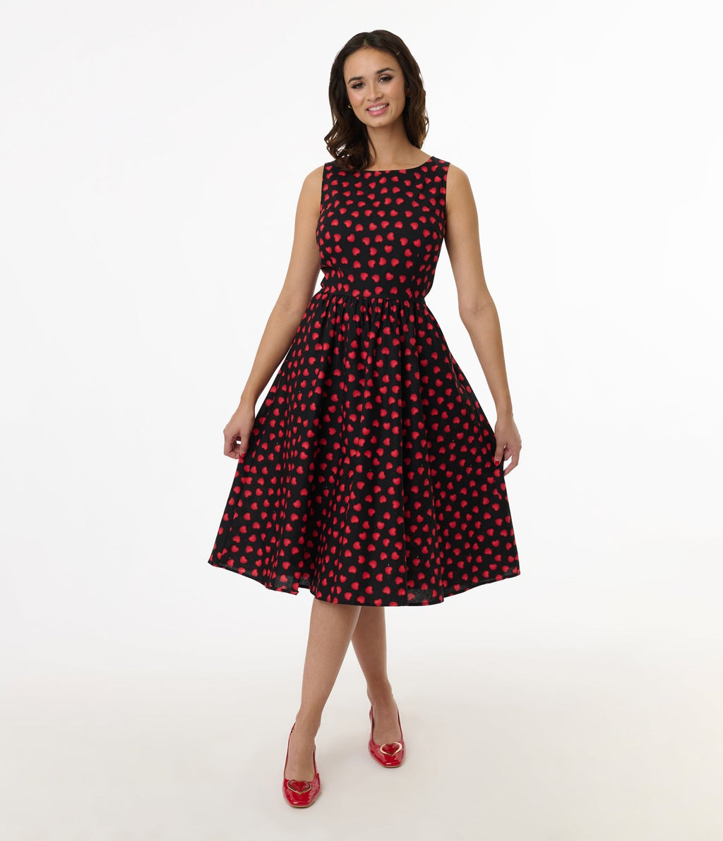Retrolicious 1950s Black & Red Heart Cotton Midi Dress - Unique Vintage - Womens, DRESSES, SWING
