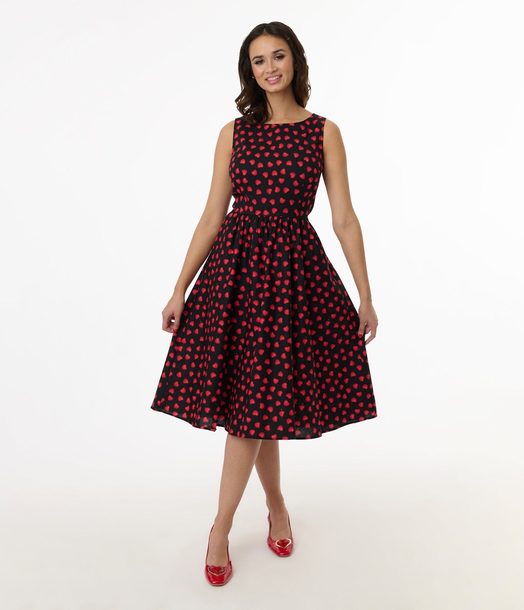 Retrolicious 1950s Black & Red Heart Cotton Midi Dress - Unique Vintage - Womens, DRESSES, SWING