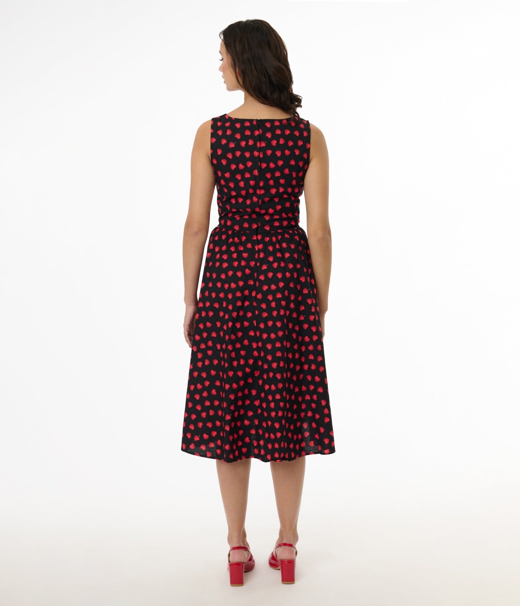 retro cotton dresses Retrolicious 1950s Black & Red Heart Cotton Swing Dress – Unique Vintage