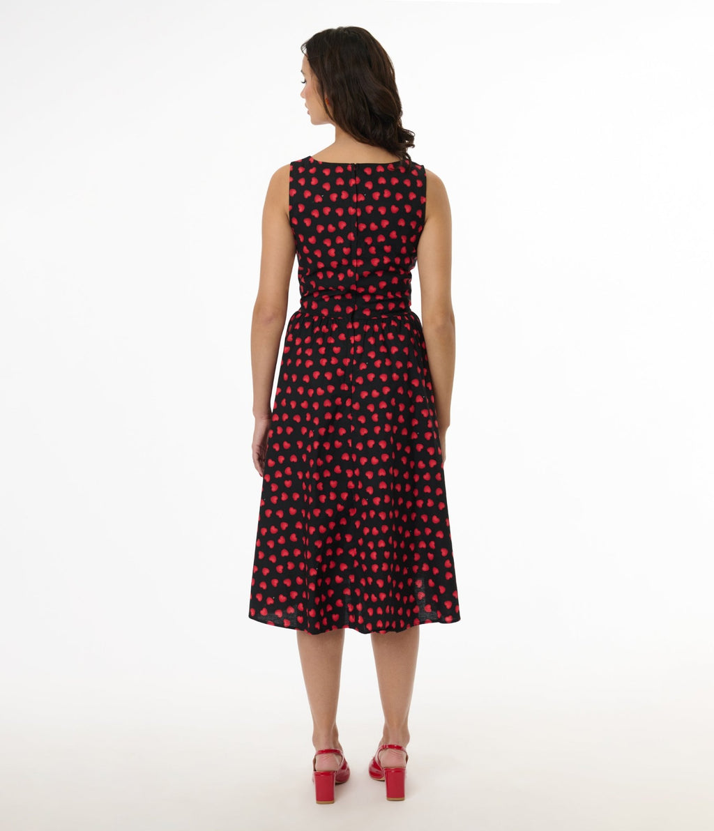 Retrolicious 1950s Black & Red Heart Cotton Midi Dress - Unique Vintage - Womens, DRESSES, SWING