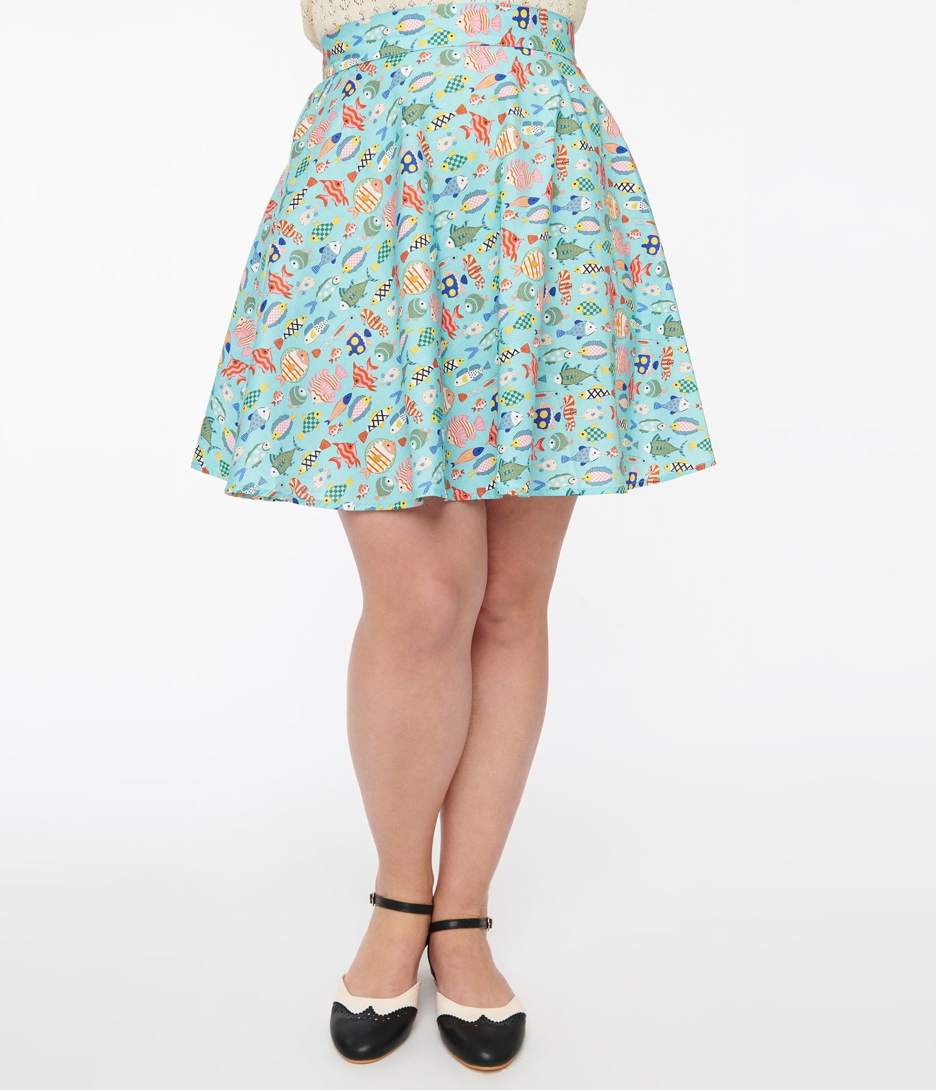 Retrolicious 1950s Blue & Multicolor Fish Print Cotton Skater Skirt - Unique Vintage - Womens, BOTTOMS, SKIRTS