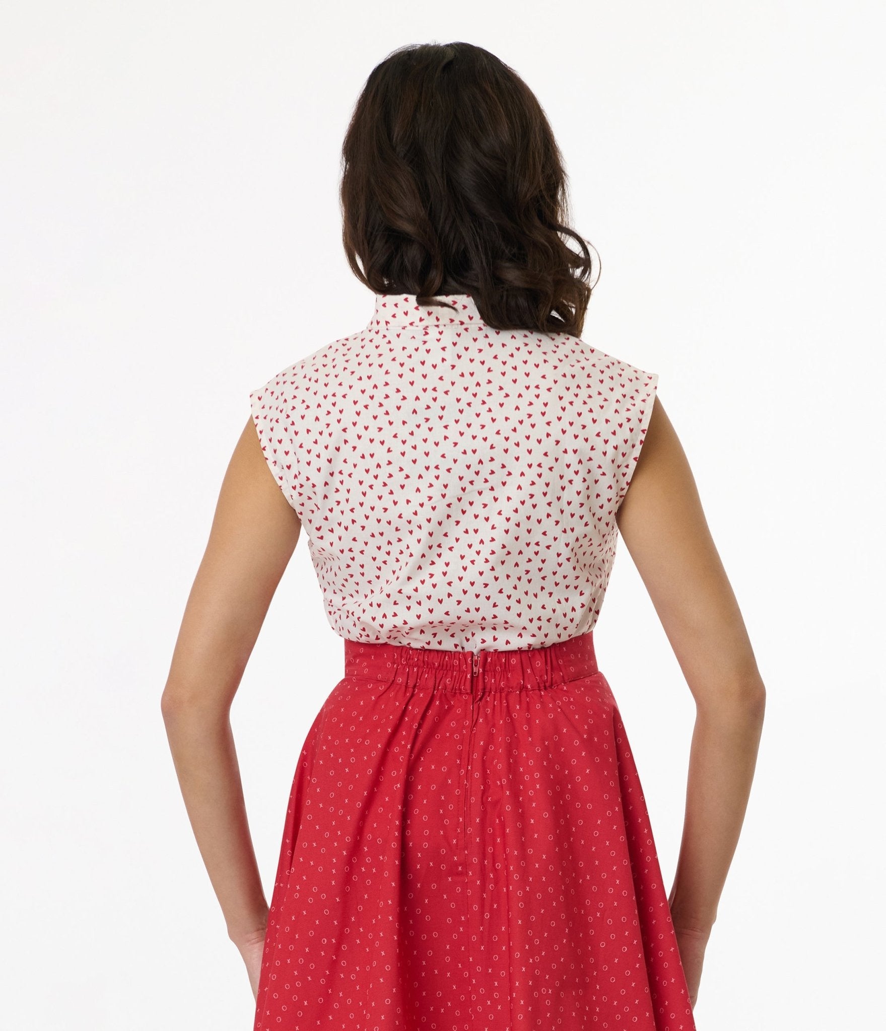 Retrolicious 1950s White & Red Heart Cotton Bow Top - Unique Vintage - Womens, TOPS, SHIRTS