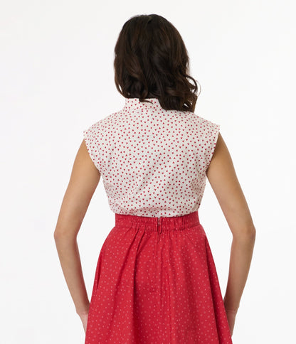 Retrolicious 1950s White & Red Heart Cotton Bow Top - Unique Vintage - Womens, TOPS, SHIRTS