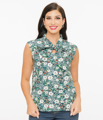 Retrolicious 1950s Winter Floral Cotton Bow Top - Unique Vintage - Womens, TOPS, WOVEN TOPS