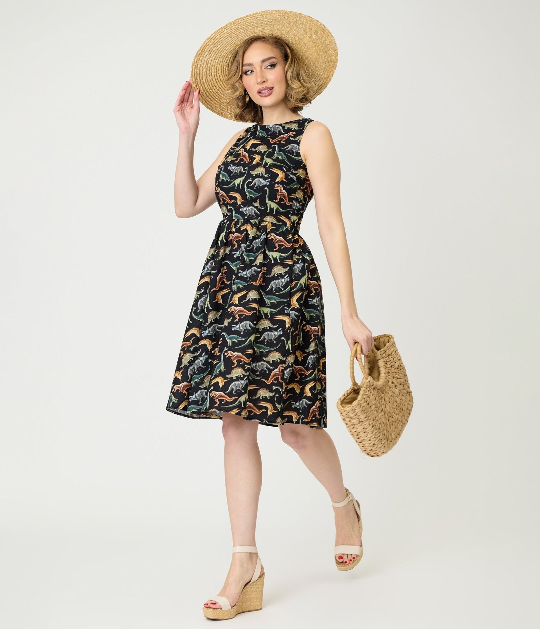 Retrolicious Black & Dinosaur Print Cotton Flare Dress Small Retrolicious Black & Dinosaur Print Cotton Flare Dress Small