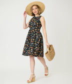 Retrolicious Black & Dinosaur Print Cotton Flare Dress - Unique Vintage - Womens, DRESSES, MIDI