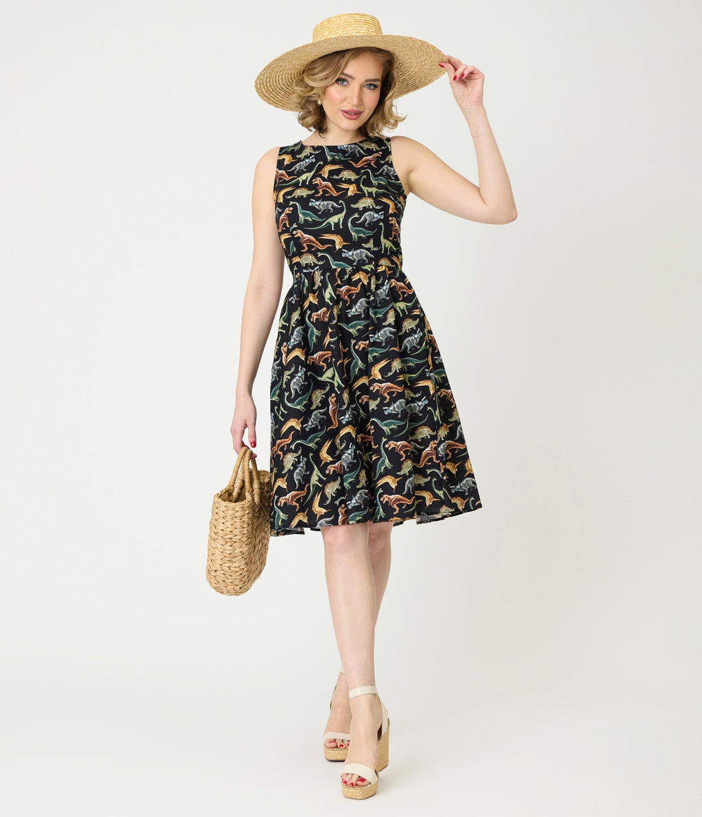 Retrolicious Black & Dinosaur Print Cotton Flare Dress Small