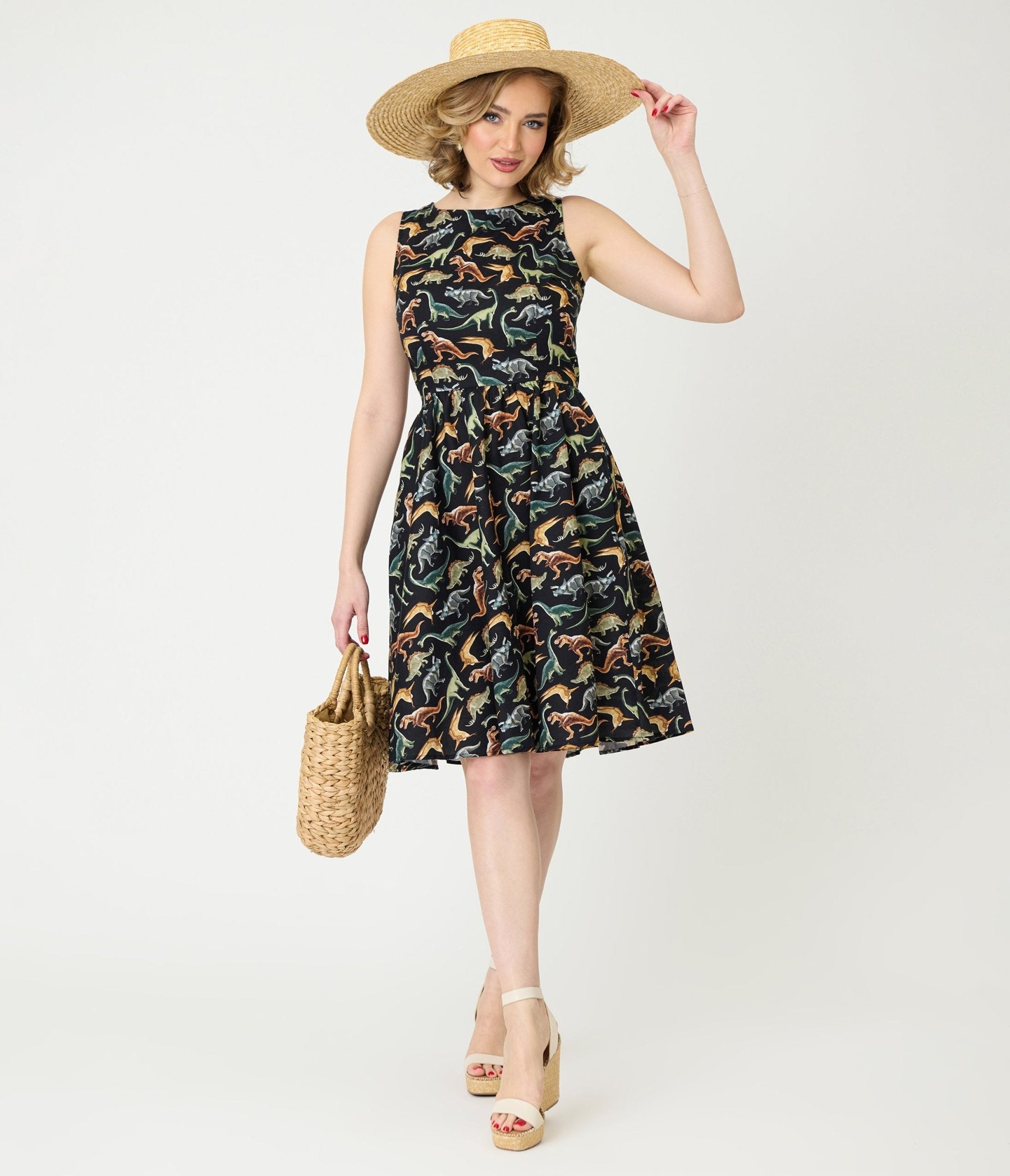 Retrolicious Black & Dinosaur Print Cotton Flare Dress Small