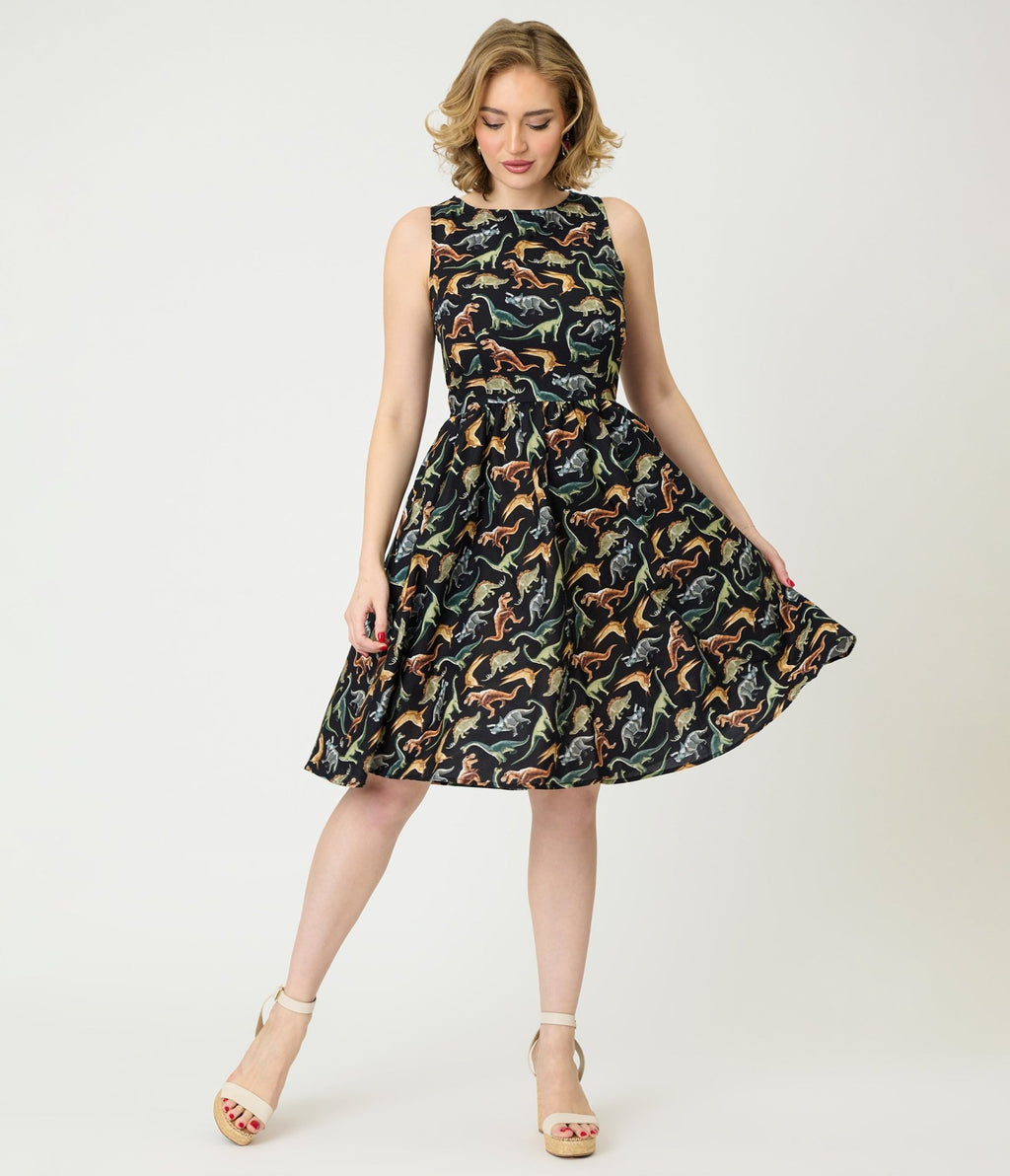 Retrolicious Black & Dinosaur Print Cotton Flare Dress - Unique Vintage - Womens, DRESSES, MIDI