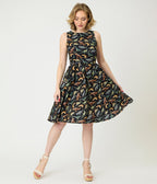 Retrolicious Black & Dinosaur Print Cotton Flare Dress - Unique Vintage - Womens, DRESSES, MIDI