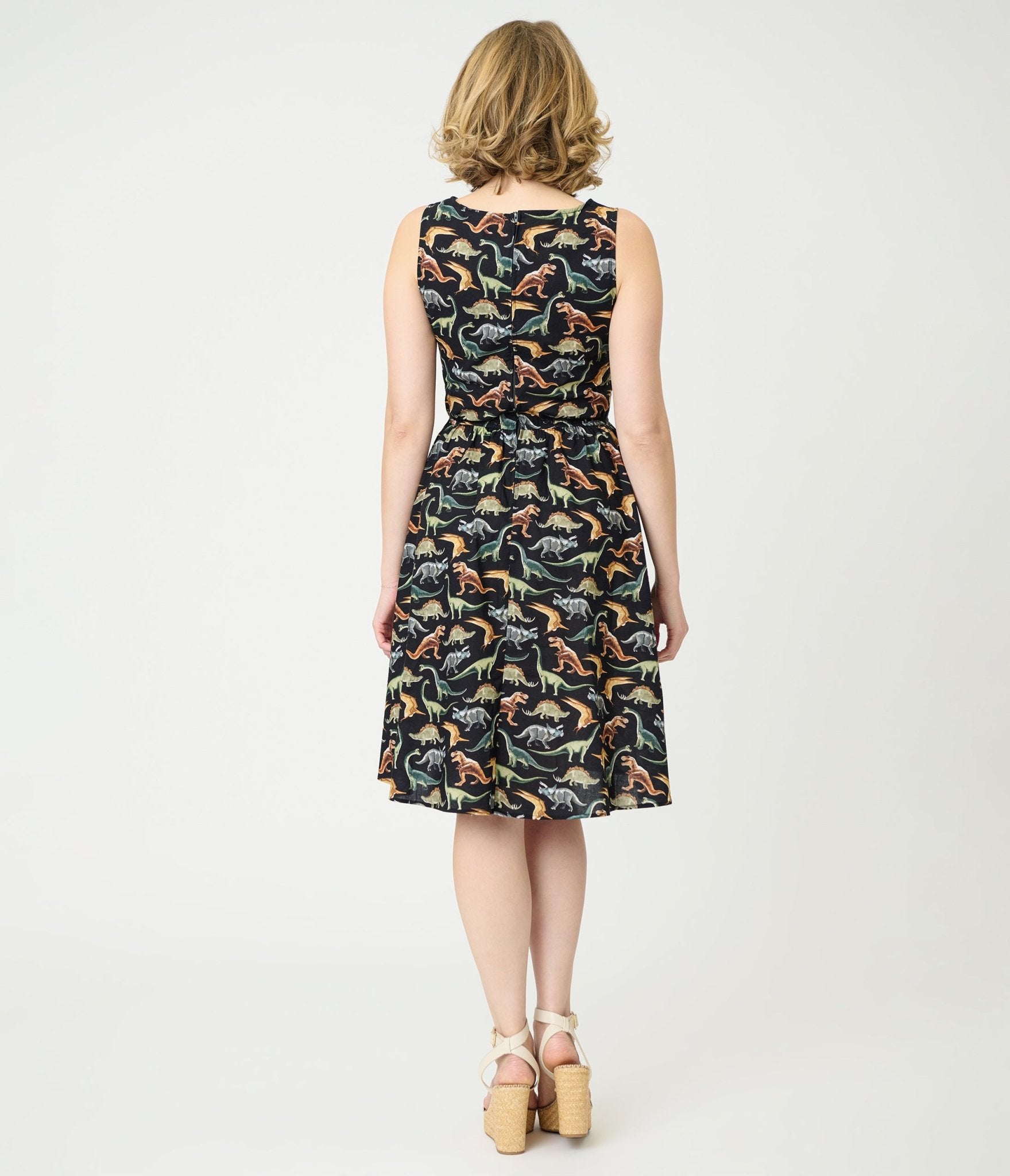 Retrolicious Black & Dinosaur Print Cotton Flare Dress Small