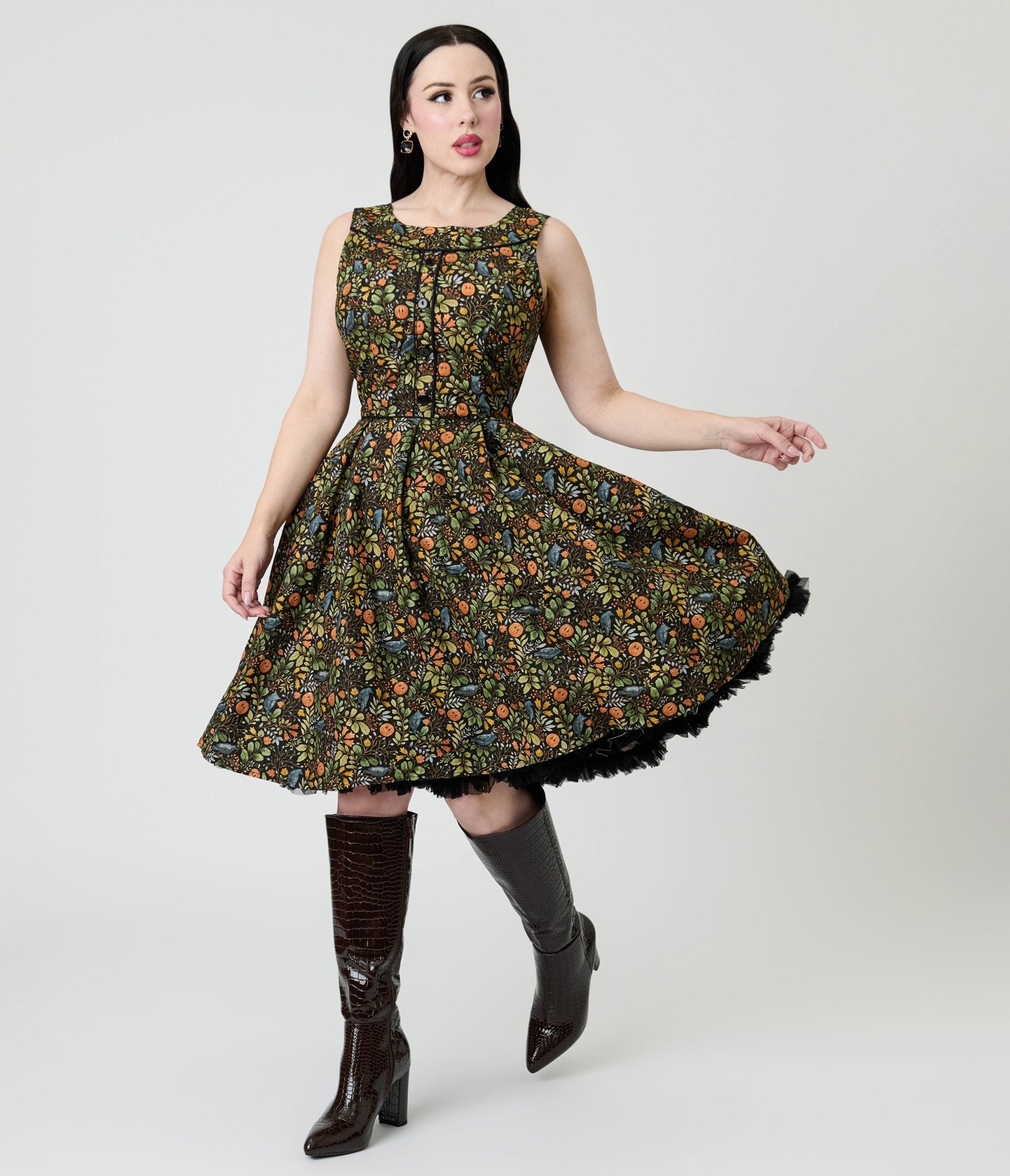 Retrolicious Black Fall Pumpkin Elizabeth Cotton Swing Dress - Unique Vintage - Womens, DRESSES, SWING