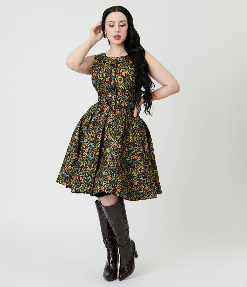 Retrolicious Black Fall Pumpkin Elizabeth Cotton Swing Dress - Unique Vintage - Womens, DRESSES, SWING