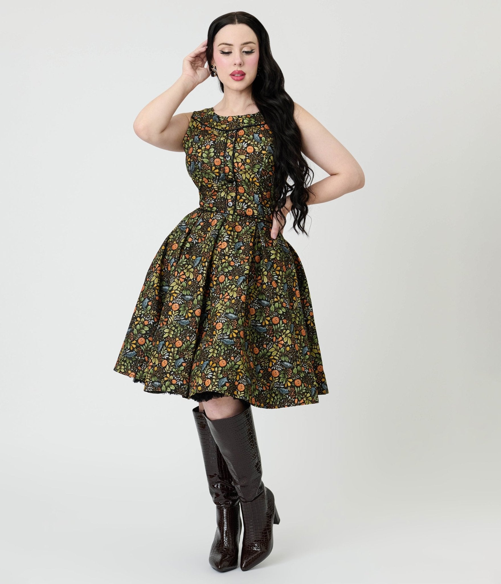 Retrolicious Black Fall Pumpkin Elizabeth Cotton Swing Dress - Unique Vintage - Womens, DRESSES, SWING