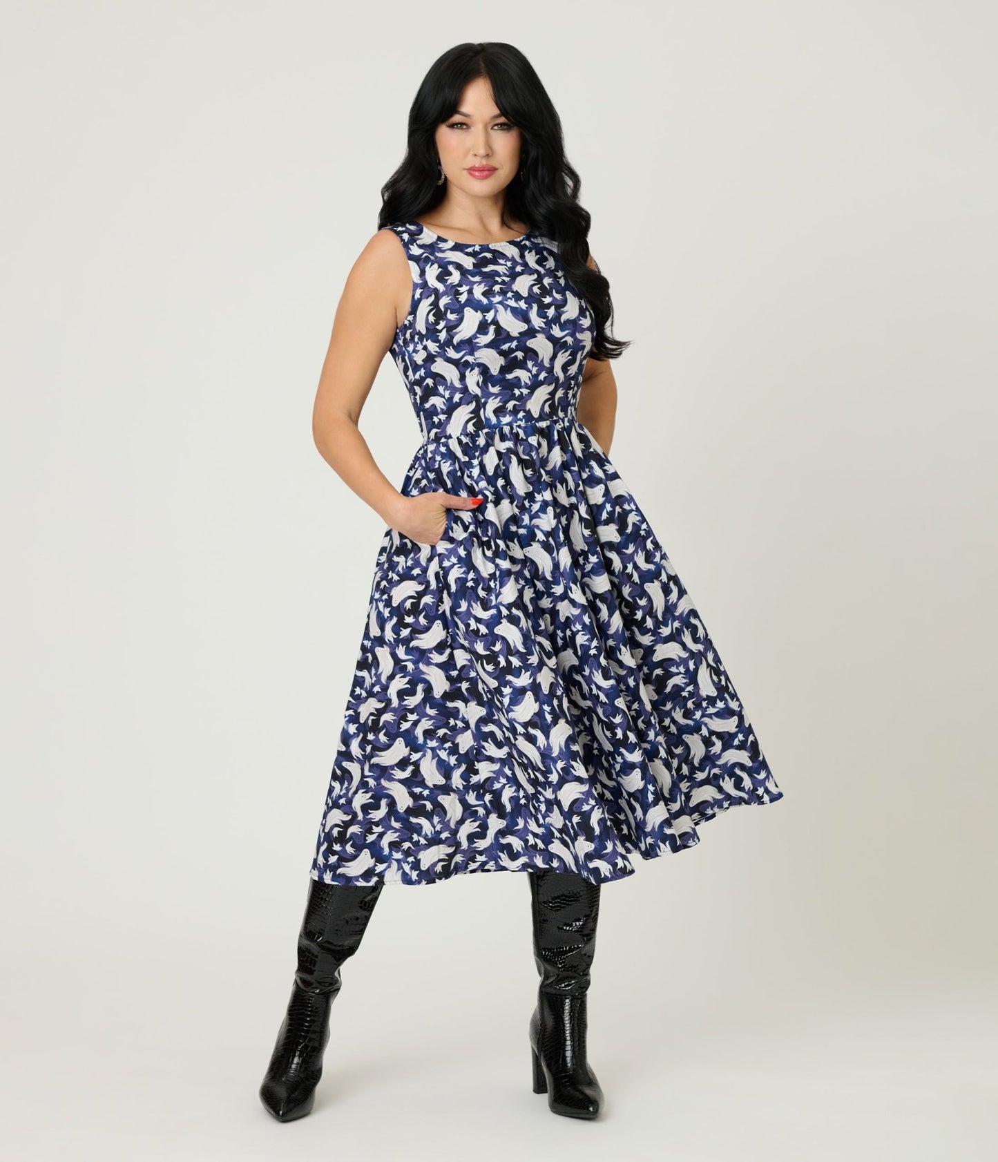 Retrolicious Black Ghost Print Cotton Midi Dress - Unique Vintage - Womens, DRESSES, MIDI