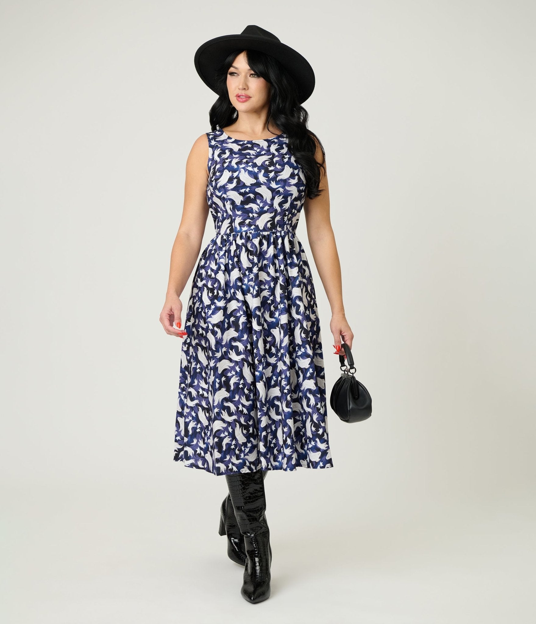 Retrolicious Black Ghost Print Cotton Midi Dress - Unique Vintage - Womens, DRESSES, MIDI