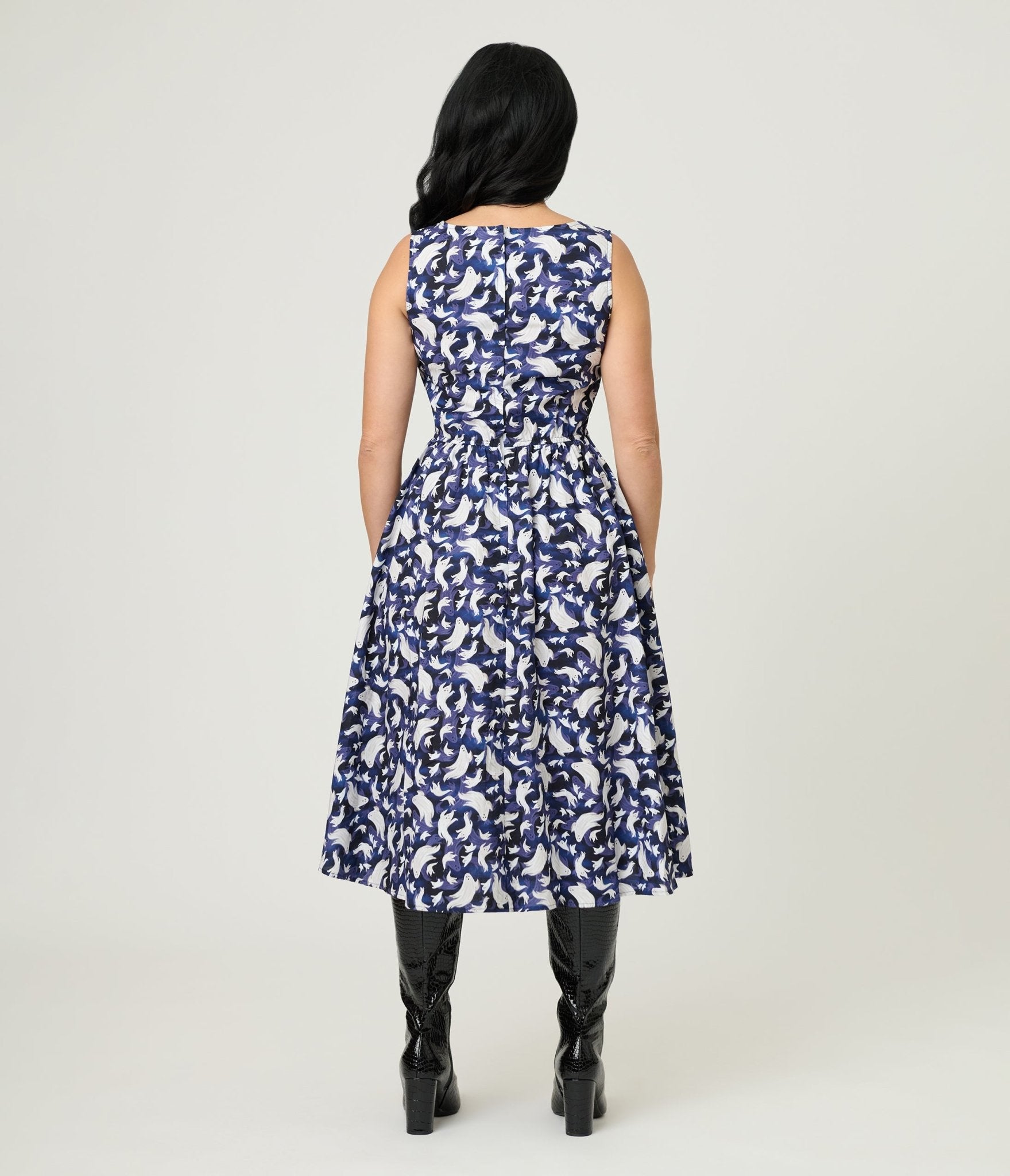 Retrolicious Black Ghost Print Cotton Midi Dress - Unique Vintage - Womens, DRESSES, MIDI