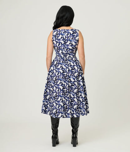 Retrolicious Black Ghost Print Cotton Midi Dress - Unique Vintage - Womens, DRESSES, MIDI