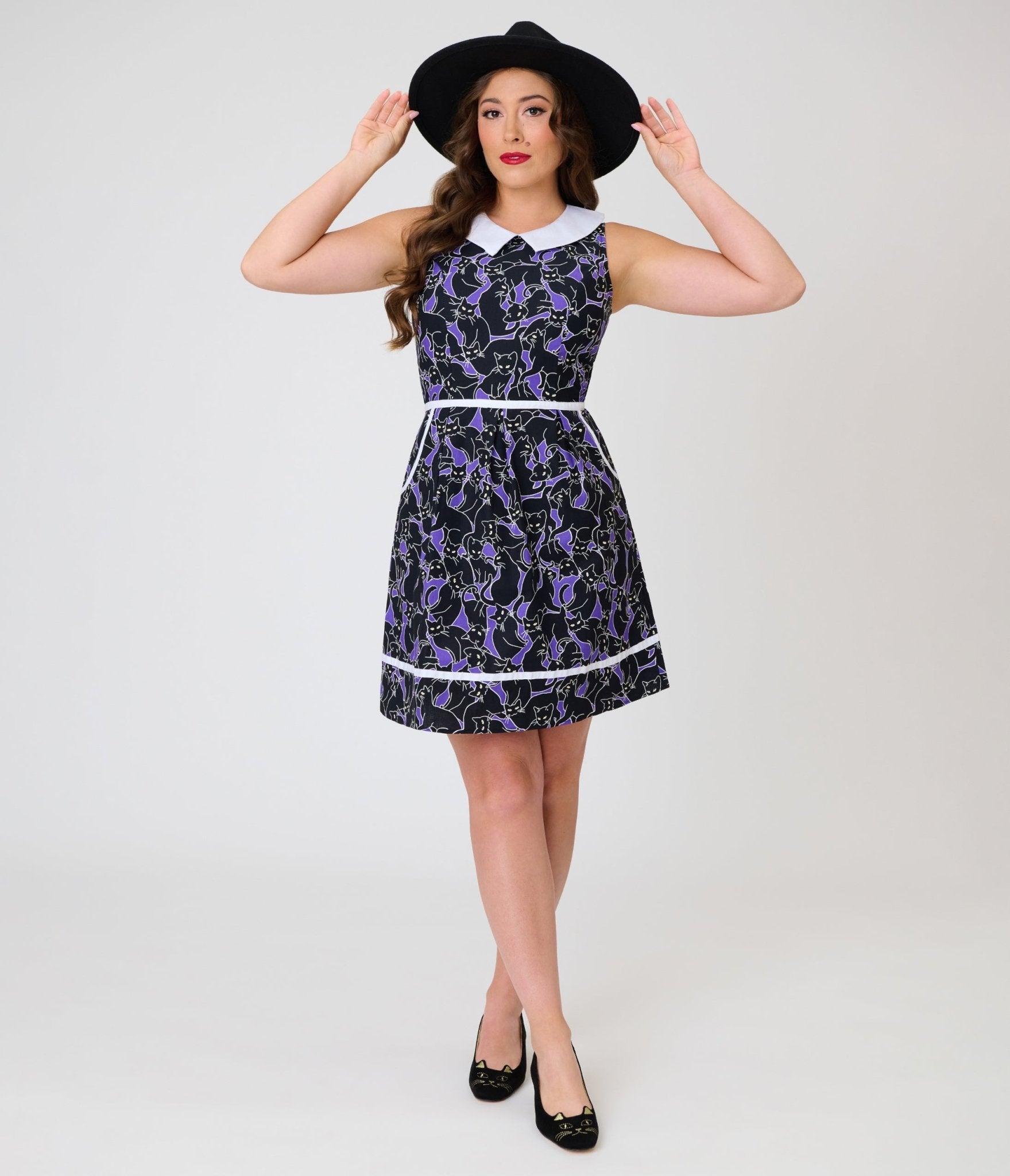 Retrolicious Black Glow-in-the-Dark Cat Print Collared Dress - Unique Vintage - Womens, DRESSES, SWING