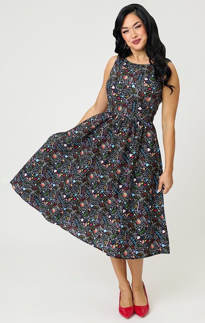 Retrolicious Black Science Print Cotton Midi Dress - Unique Vintage - Womens, DRESSES, MIDI