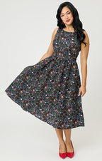 Retrolicious Black Science Print Cotton Midi Dress - Unique Vintage - Womens, DRESSES, MIDI