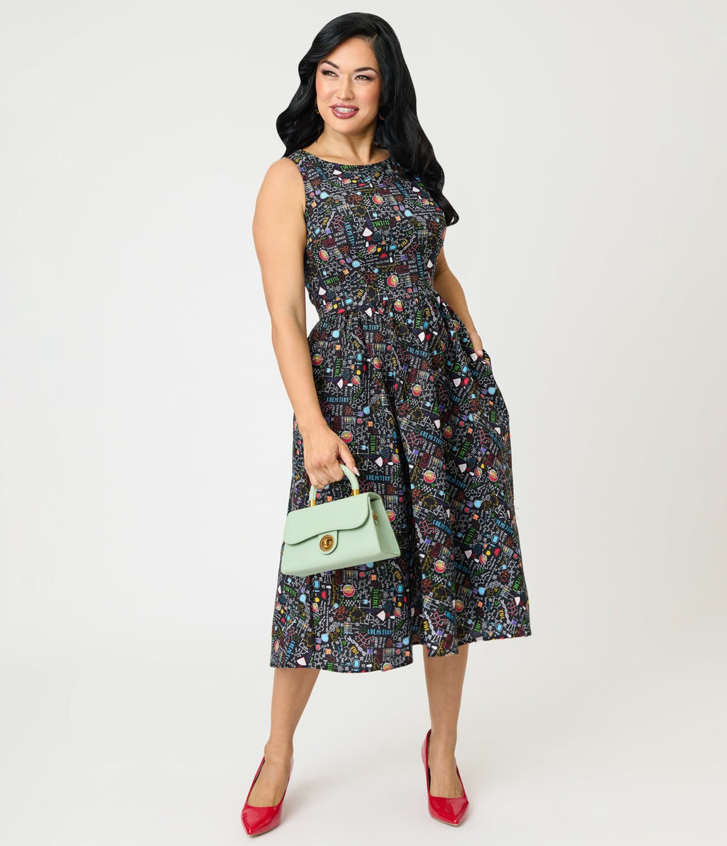 Retrolicious Black Science Print Cotton Midi Dress – Unique Vintage