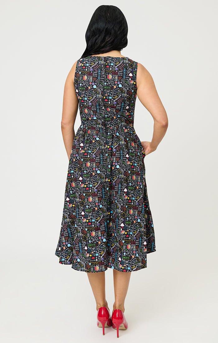 Retrolicious Black Science Print Cotton Midi Dress - Unique Vintage - Womens, DRESSES, MIDI