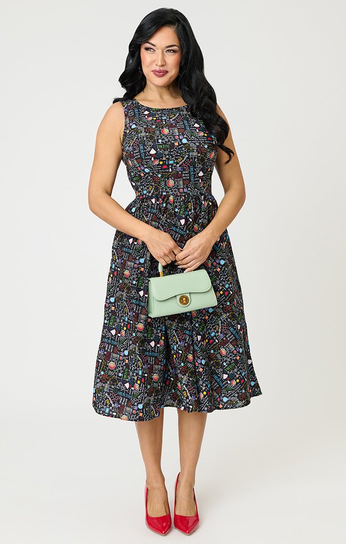 Retrolicious Black Science Print Cotton Midi Dress - Unique Vintage - Womens, DRESSES, MIDI