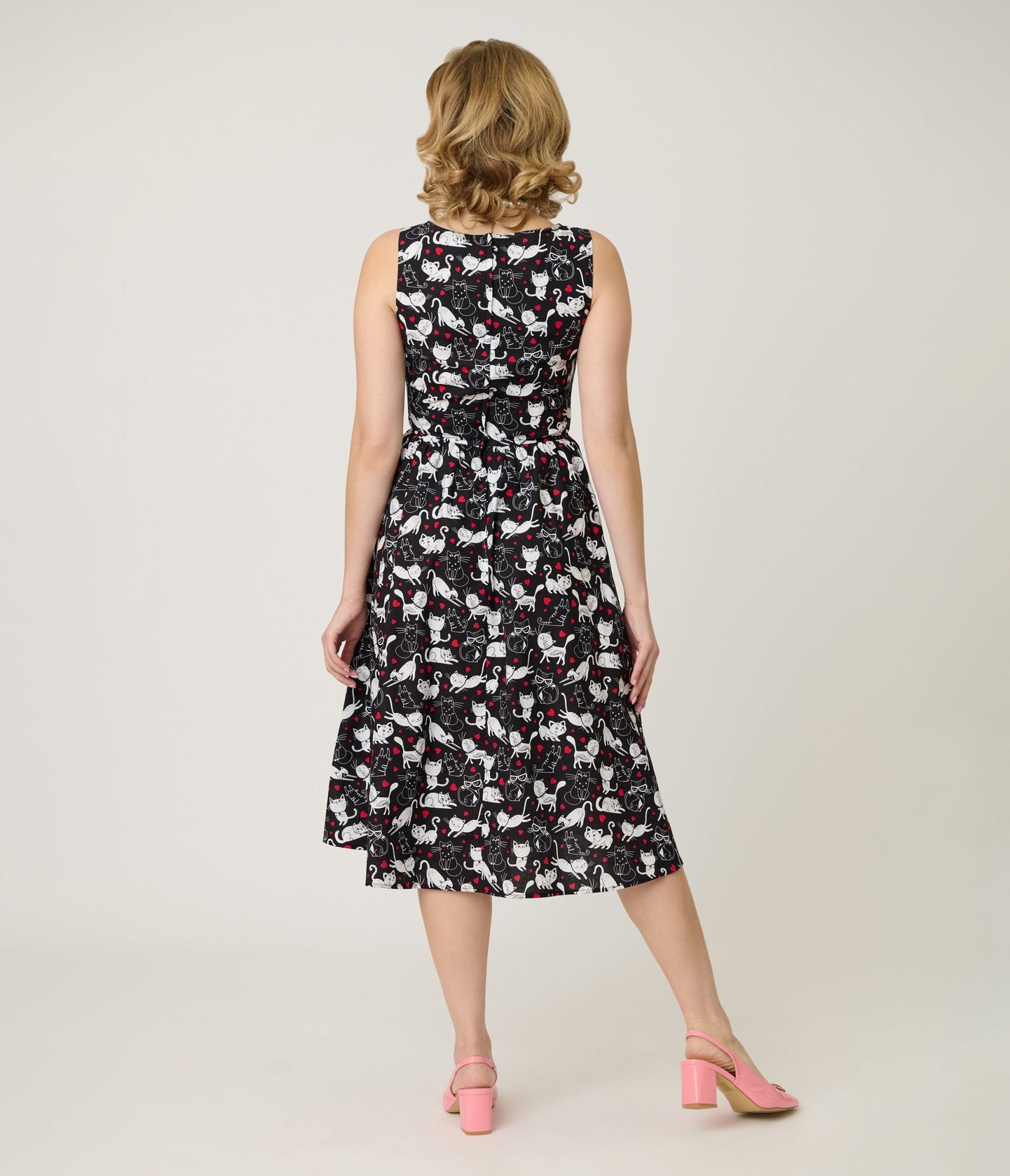 Retrolicious Black & White Cats Cotton Midi Dress - Unique Vintage - Womens, DRESSES, SWING