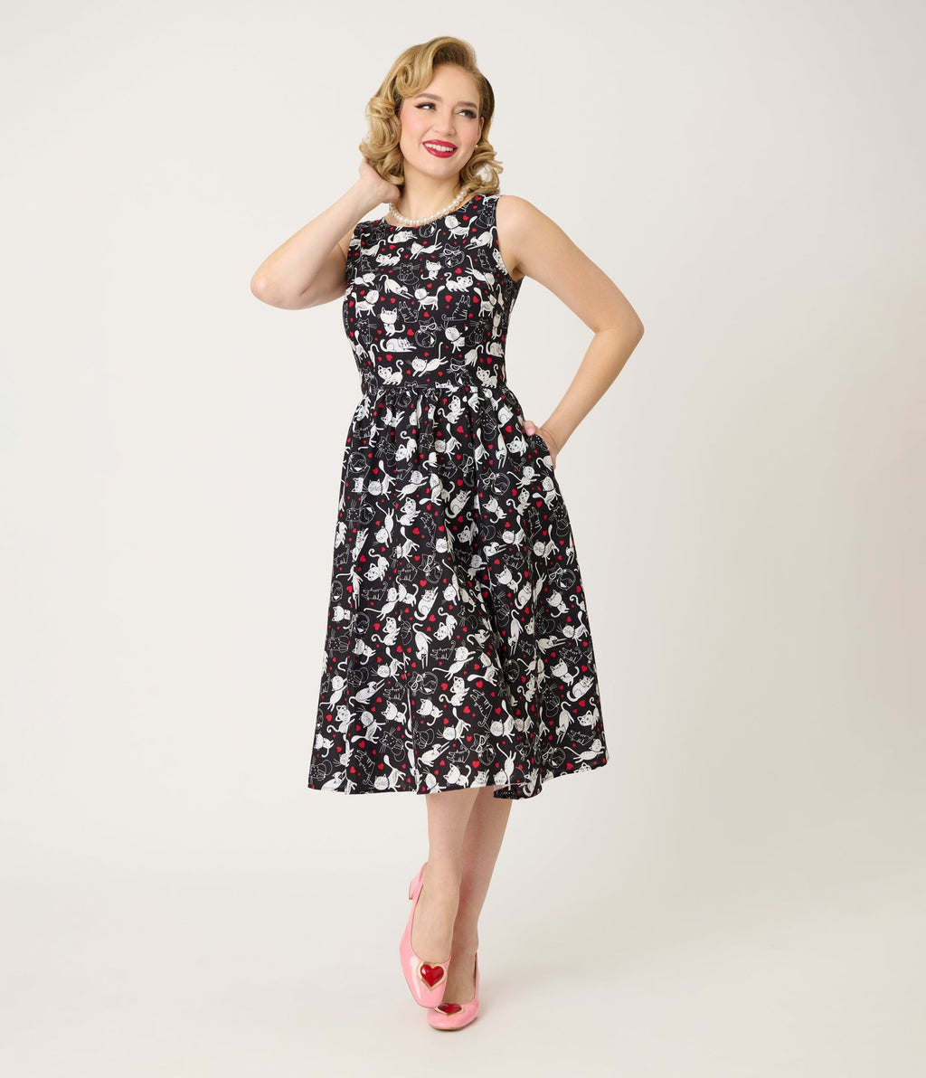 Retrolicious Black & White Cats Cotton Midi Dress - Unique Vintage - Womens, DRESSES, SWING