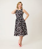 Retrolicious Black & White Cats Cotton Midi Dress - Unique Vintage - Womens, DRESSES, SWING