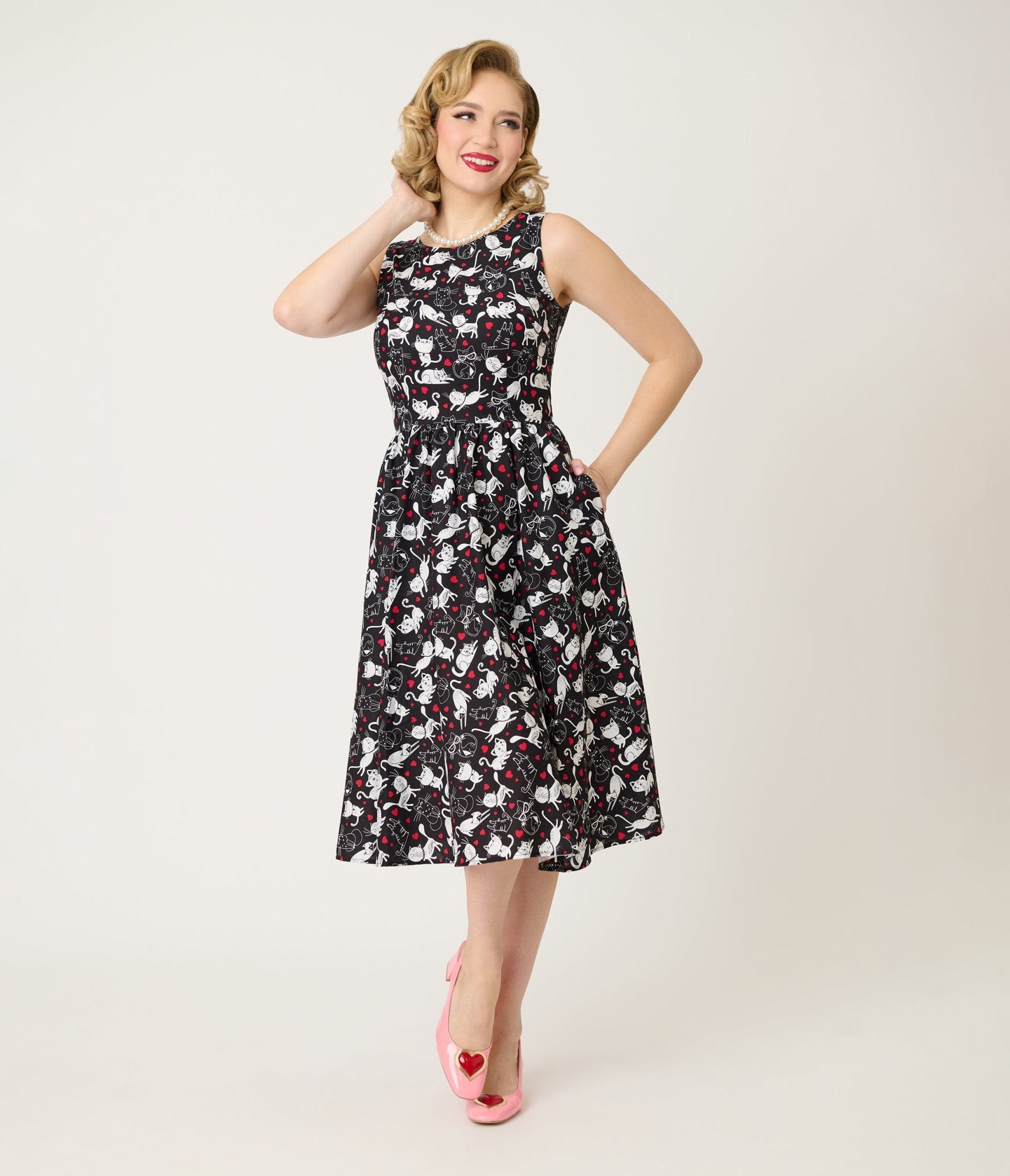 Retrolicious Black & White Cats Cotton Midi Dress - Unique Vintage - Womens, DRESSES, SWING