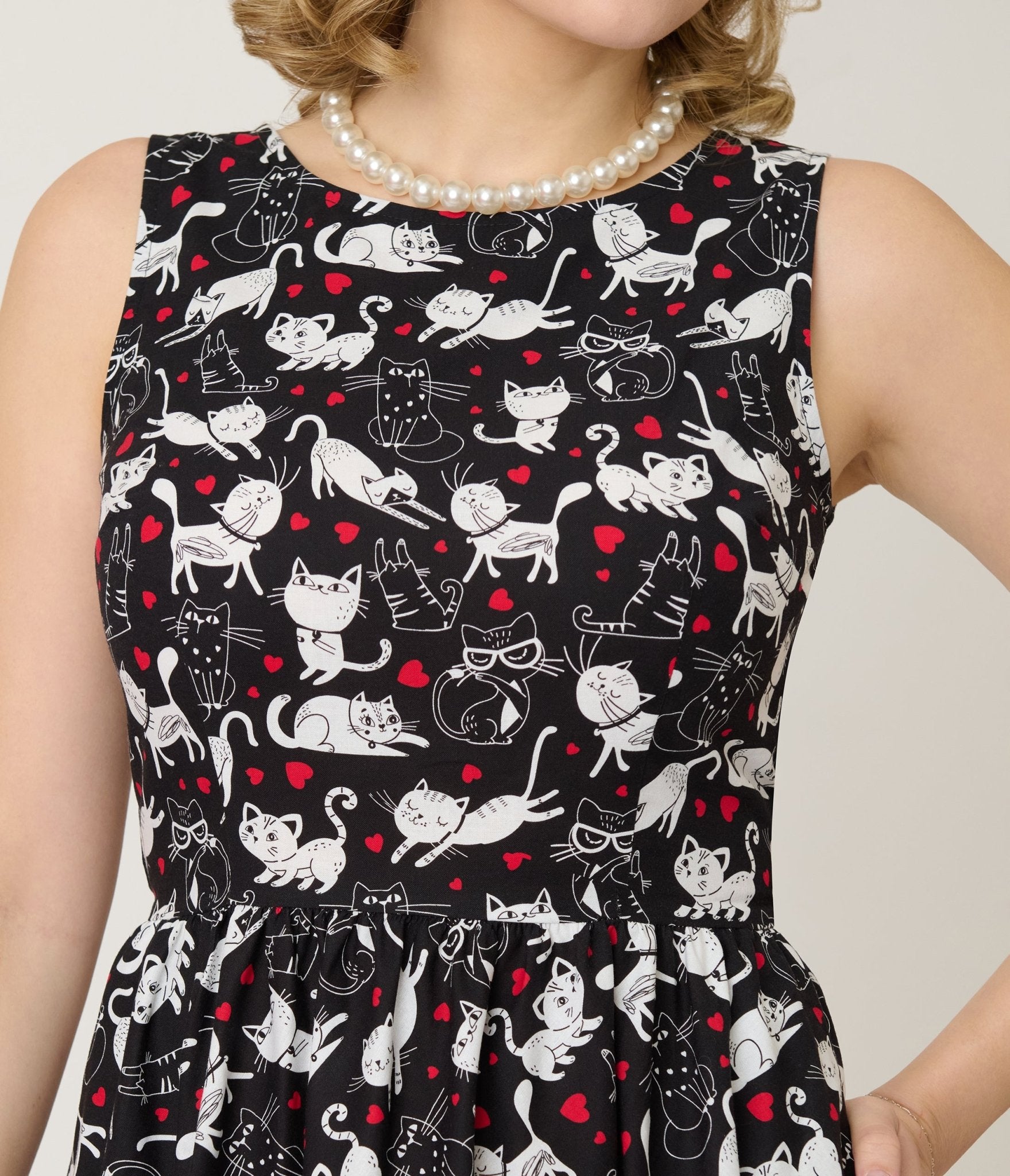 Retrolicious Black & White Cats Cotton Midi Dress - Unique Vintage - Womens, DRESSES, SWING