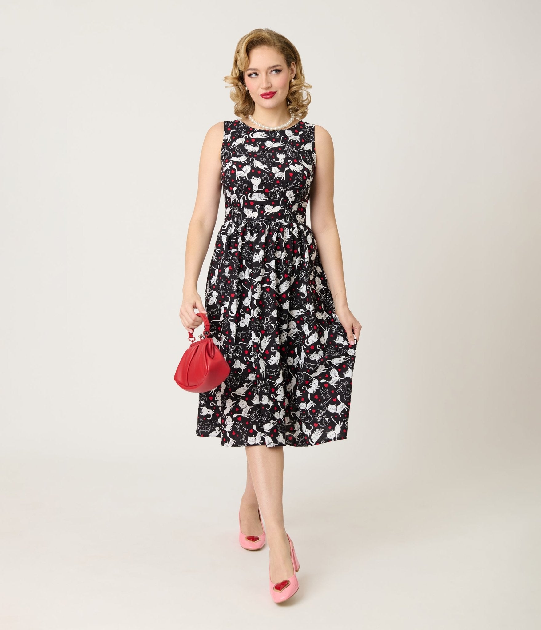 Retrolicious Black & White Cats Cotton Midi Dress - Unique Vintage - Womens, DRESSES, SWING