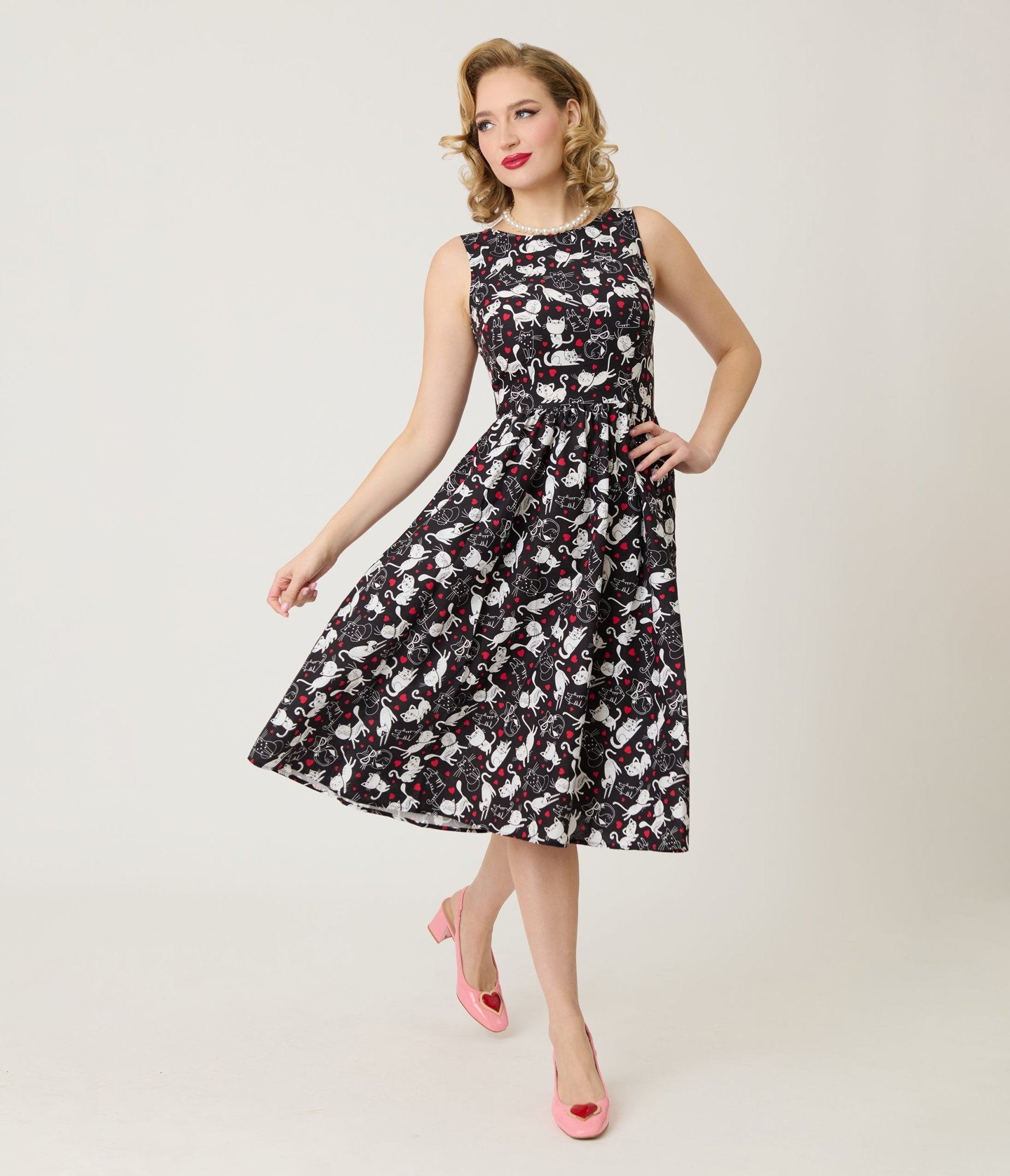 Retrolicious Black & White Cats Cotton Midi Dress - Unique Vintage - Womens, DRESSES, SWING