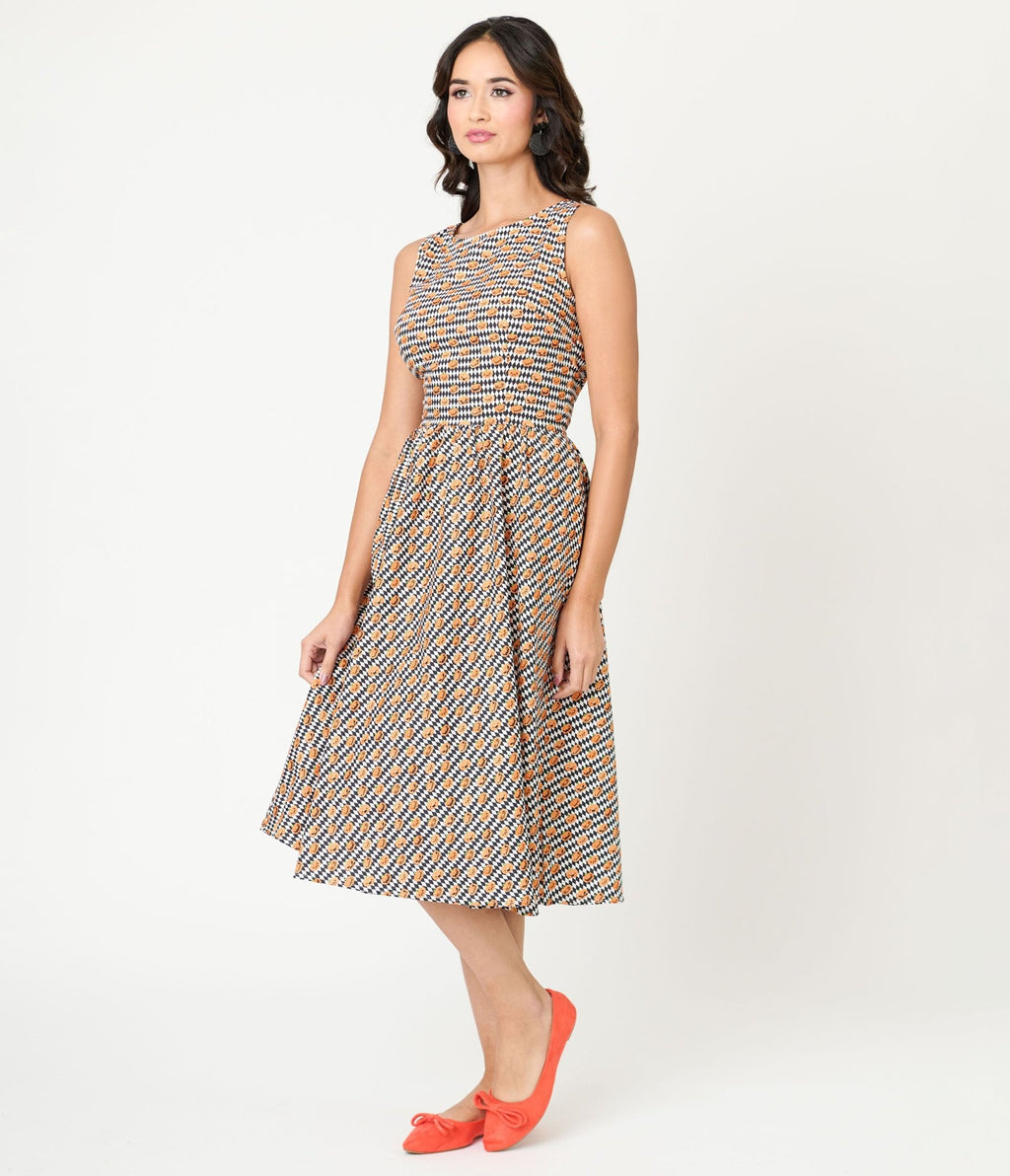 Retrolicious Black & White Diamonds & Pumpkins Midi Dress - Unique Vintage - Womens, DRESSES, MIDI