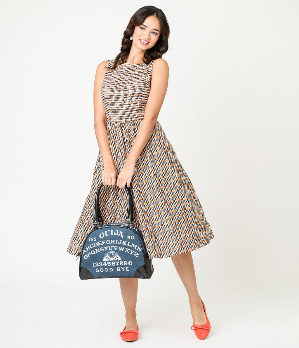 Retrolicious Black & White Diamonds & Pumpkins Midi Dress - Unique Vintage - Womens, DRESSES, MIDI