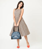 Retrolicious Black & White Diamonds & Pumpkins Midi Dress - Unique Vintage - Womens, DRESSES, MIDI