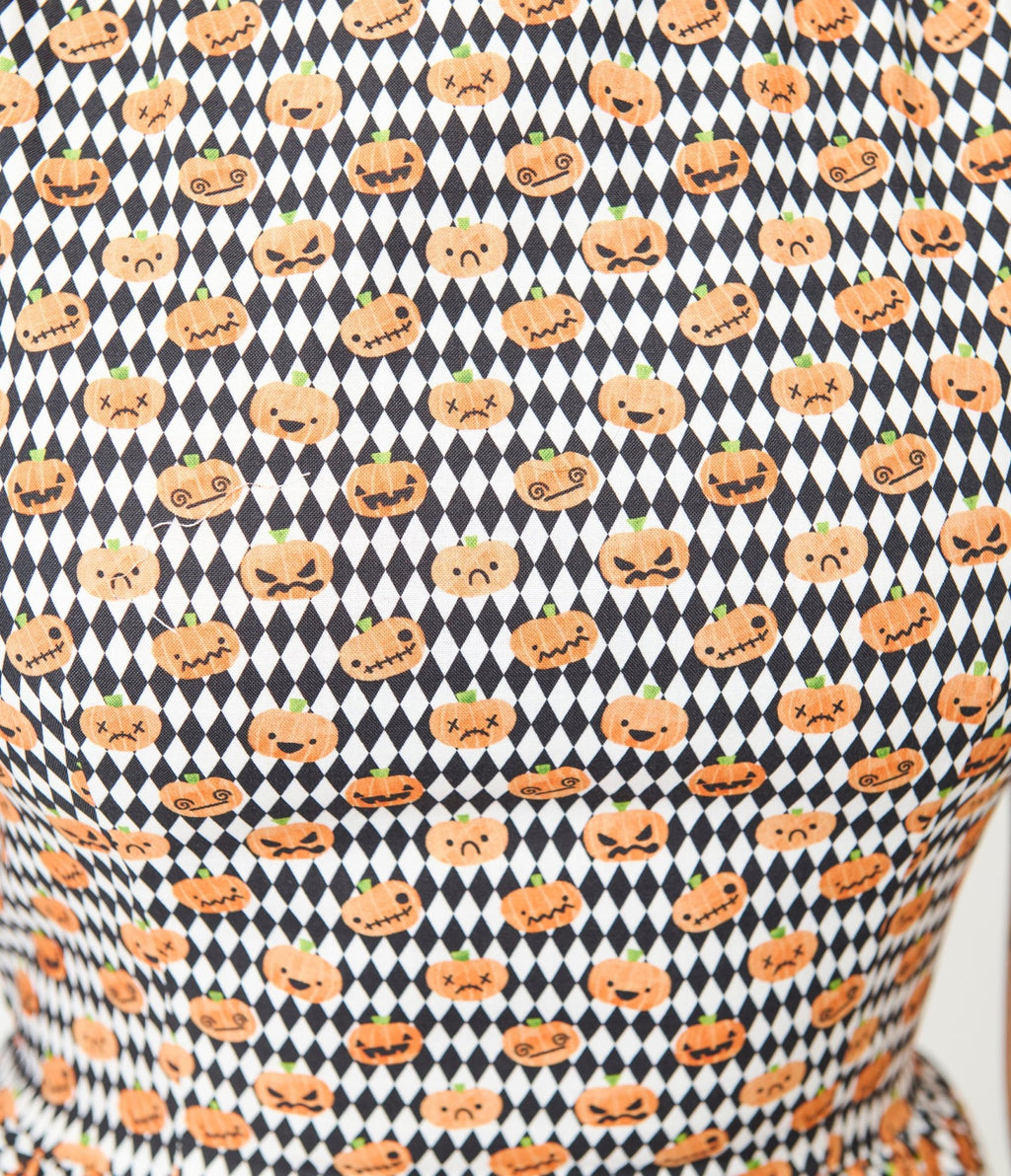 Retrolicious Black & White Diamonds & Pumpkins Midi Dress - Unique Vintage - Womens, DRESSES, MIDI