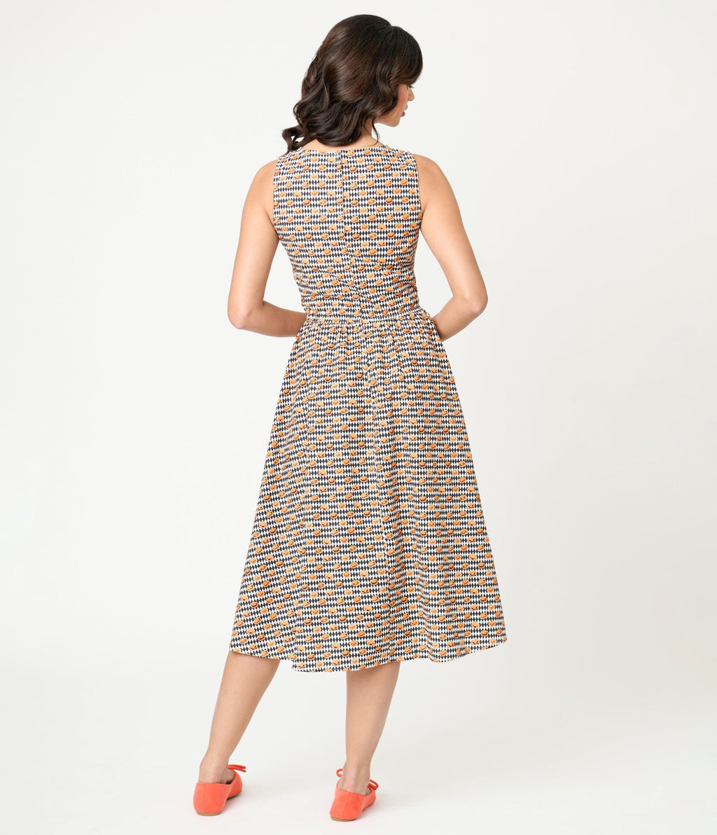 Retrolicious Black & White Diamonds & Pumpkins Midi Dress - Unique Vintage - Womens, DRESSES, MIDI