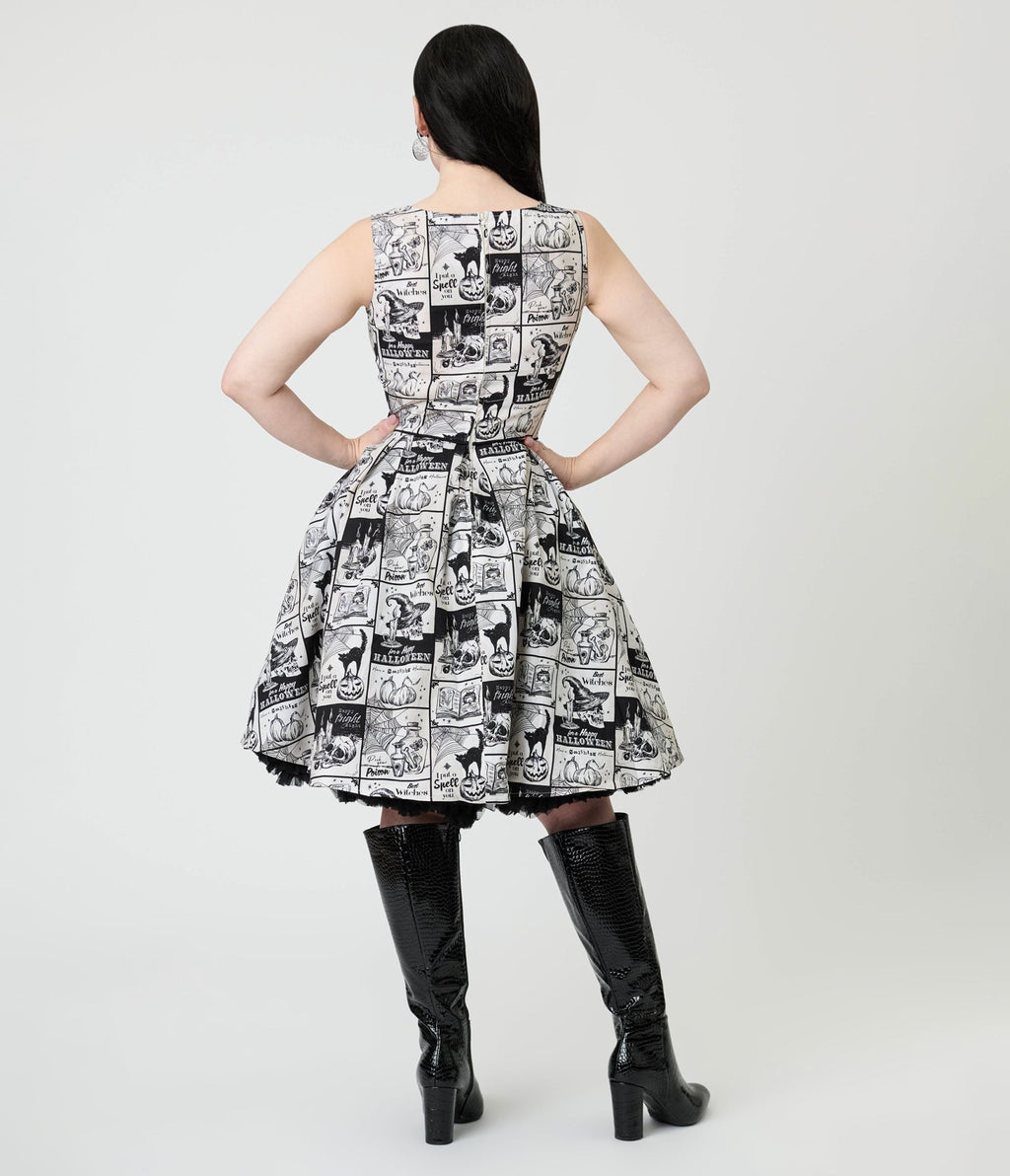 Retrolicious Black & White Spooky News Print Elizabeth Cotton Swing Dress - Unique Vintage - Womens, DRESSES, SWING