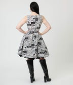 Retrolicious Black & White Spooky News Print Elizabeth Cotton Swing Dress - Unique Vintage - Womens, DRESSES, SWING
